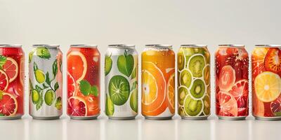 Assorted cans of healthy soda, each featuring different natural flavors and ingredient lists, food setting photo