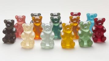 Assorted gummy bears in distinct colors placed randomly on a white surface, meal photography photo