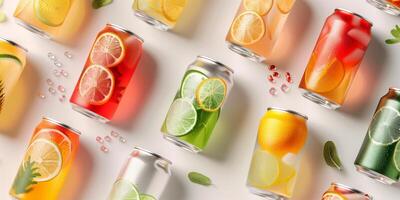 Assorted cans of healthy soda, each featuring different natural flavors and ingredient lists, meal photography photo