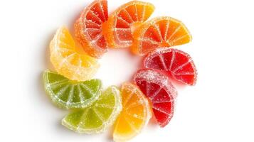 Assorted fruit chew pieces placed in a circular formation on a white background, showcasing different colors, food setting photo