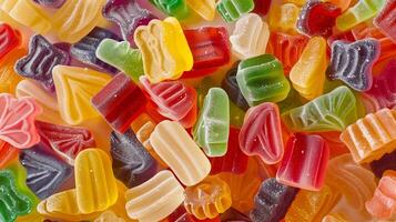 Assorted gummy candies in a loose cluster, displaying vibrant colors and forms, food setting photo