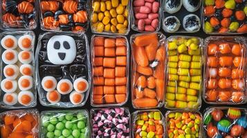 Assorted Halloween candy packs arranged neatly, featuring festive wrappers and various shapes, meal photography photo