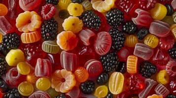 Assortment of fruit chew candies randomly arranged on a solid surface, showcasing different colors and textures, food setting photo