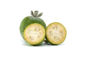 Fresh Ripe Feijoa Fruit and Halved Segment on White Background photo