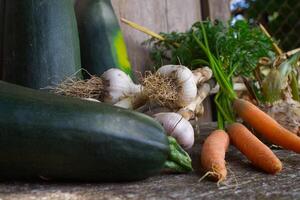 Freshly harvested healthy farm vegetables on rustic table photo