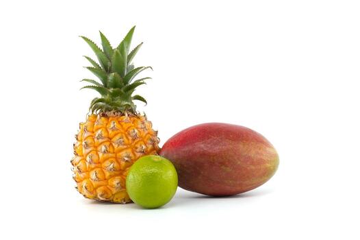Fresh Exotic Fruits Featuring Pineapple, Mango and Lime on White Background photo