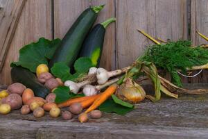 Freshly harvested healthy farm vegetables on rustic table photo