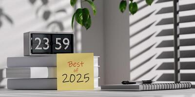 Best of 2025 desk setup with clock and books, 3D render. photo