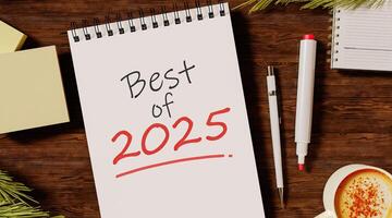 Best of 2025 spiral notebook with red pen on desk, 3D render photo