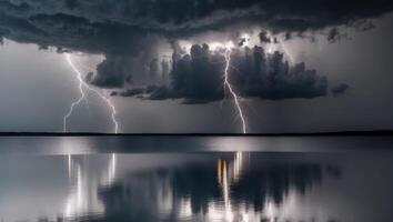 Lightning strikes over a lake with clouds and reflection photo