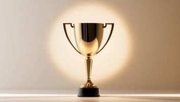 Gold trophy on a table with light shining on it photo