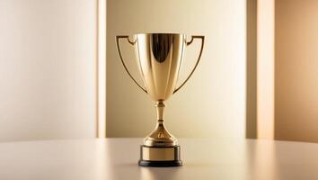 A golden trophy on a table in front of a wall photo