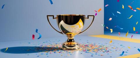 Gold trophy on blue background with confetti and confetti streamers 3d render photo