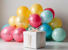 A box with a bow on top is surrounded by colorful balloons. photo