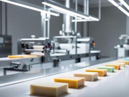 Soap production process in a factory with automated machinery. photo