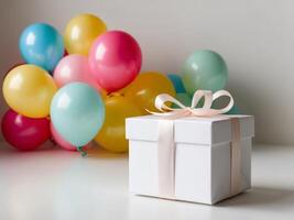 A box with a bow on top is surrounded by colorful balloons. photo