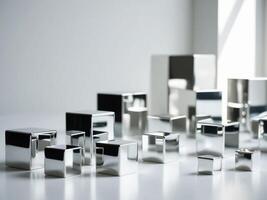 A close up of a bunch of shiny silver cubes in a variety of sizes. photo
