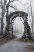 An archway in the woods with trees growing out of it photo