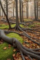 A forest with many trees and roots photo