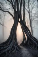 A path through a forest with trees with roots photo