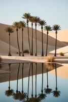 Palm trees in the desert with water reflecting in the sand photo