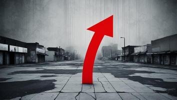 A red arrow pointing up in an empty street photo