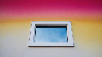 A window with a colorful background and a white window photo