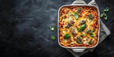 Baked casserole dish with layered ingredients on a flat surface, food photography photo
