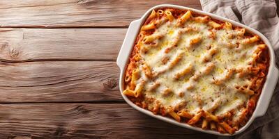 Baked ziti with pasta under a cheese topping, resting on a flat surface, food photography photo