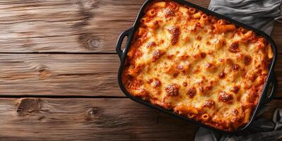 Baked ziti with an even layer of melted cheese on top, cooling after baking, culinary photography photo