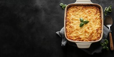 Casserole cooling on a flat surface with a serving spoon beside, culinary photography photo