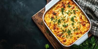 Casserole dish on a wooden board, ready to serve, food photography photo