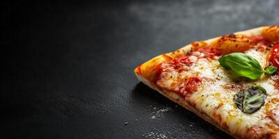 Close-up of Margherita pizza slice, highlighting cheese and tomato, culinary photography photo