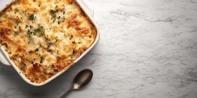Casserole cooling on a flat surface with a serving spoon beside, gastronomy photography photo