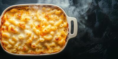 Baked mac and cheese with steam rising from the surface, food setting photo