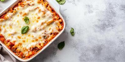 Baked ziti with pasta under a cheese topping, resting on a flat surface, food setting photo