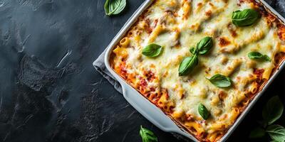 Baked ziti with an even layer of melted cheese on top, cooling after baking, meal photography photo