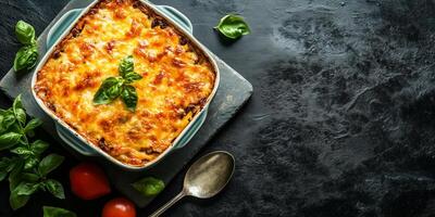 Casserole cooling on a flat surface with a serving spoon beside, meal photography photo