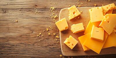 Close-up of cheddar cheese slices stacked neatly on flat surface with knife, food photography photo