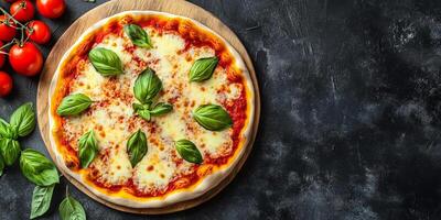 Top-down view of Margherita pizza with toppings arranged in a classic pattern, culinary photography photo