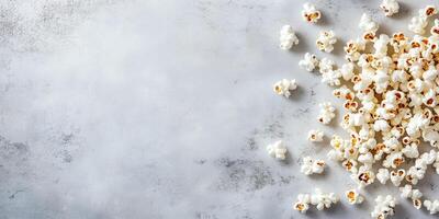 Buttered popcorn scattered on a flat surface with popped kernels visible, food photography photo