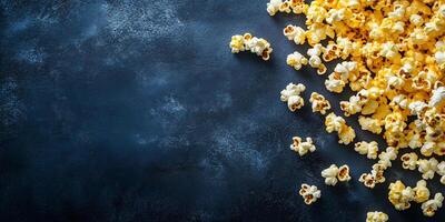 Buttered popcorn scattered on a flat surface with popped kernels visible, culinary photography photo