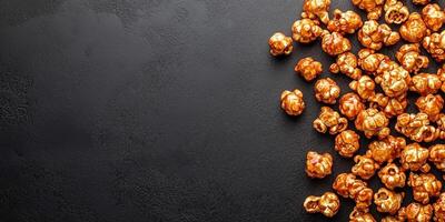 Caramel corn scattered on a flat surface, with coated popcorn kernels visible, food photography photo