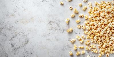 Caramel corn scattered on a flat surface, with coated popcorn kernels visible, culinary photography photo