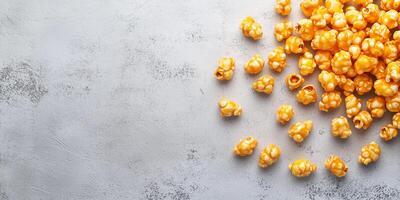 Caramel corn arranged on a plain surface, with individual coated kernels easily visible, culinary photography photo