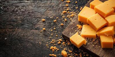 Close-up of cheddar cheese slices stacked neatly on flat surface with knife, photorealistic food photo