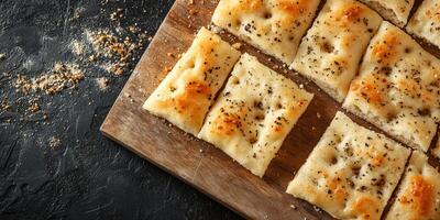 Close-up of focaccia slices stacked on wooden cutting board, photorealistic food photo