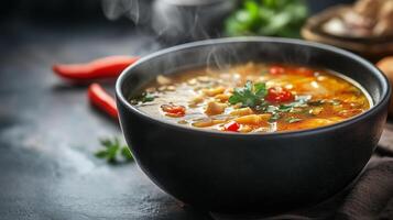 Deep bowl of steaming soup with slightly disturbed surface, gastronomy photography photo