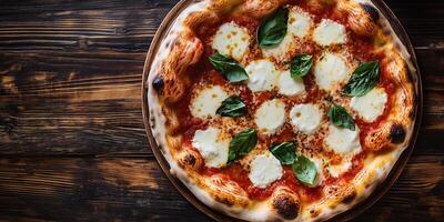 Top-down view of Margherita pizza with toppings arranged in a classic pattern, photorealistic food photo