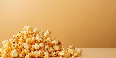 Caramel corn piled high, with coated popcorn arranged on a plain background, photorealistic food photo